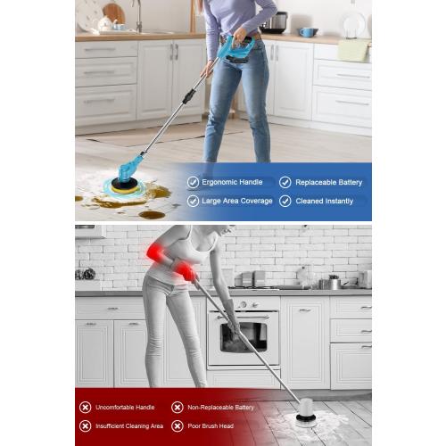 Electric Spin Scrubber Extra Long Foldable,Cordless Rechargeable Spin Scrubber Battery Power 21V,1800RPM Cordless Electric Power Scrubber with 6 Brushes for Bath/Tub/Tile/Floor/Walls