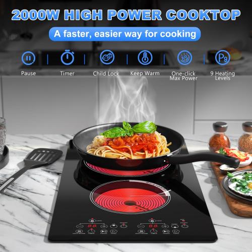 2 Burner Electric Cooktop 2000W, Portable Ceramic Glass Hot Plate 12 Inch, 110V Plug in Electric Stove Top Burner, Built-in & Countertop Burner with Touch Control, 9 Power Levels