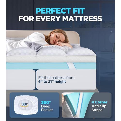 Dual Layer Memory Foam Mattress Topper for Pain Relief with 2X Support, 2 Fluffy Pillow Top Queen Mattress Topper Plus 2 Odor-Free Cooling Gel Memory Foam Ultra Comfort Mattress Pad Cover