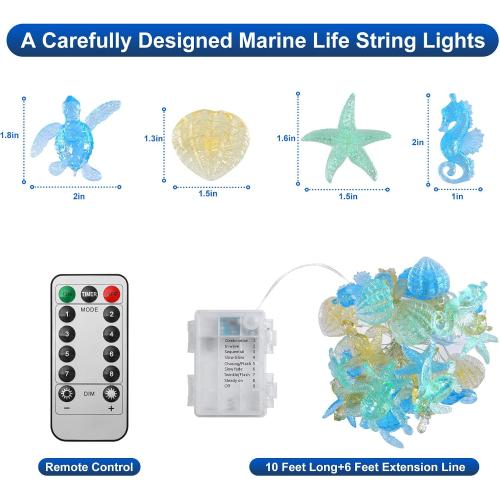 Ocean Themed Decorative Lights String of Marine Life Fairy String Lights Coastal Decor 10ft 30 LEDs Battery Operated with Remote Control for Beach Bedroom Decoration