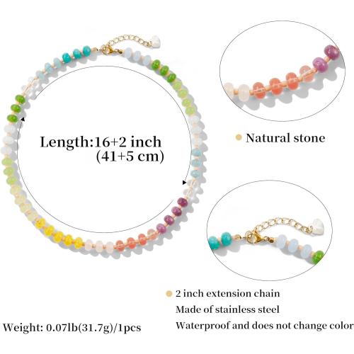 Colorful Gemstone Beaded Necklaces For Women Trendy Rainbow Natural Stone Boho Handmade Stainless Steel Waterproof Strand Necklaces Jewelry For Women Gift
