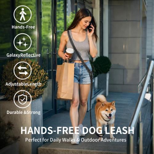 Hands Free Dog Leash by Kazazoo, Adjustable 5.8-8.5FT Waist & Crossbody Leash with Quick Off Buckle, Reflective Stitches for Walking, Jogging,Medium to Large Dogs M Size Black