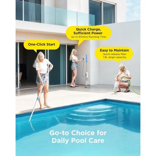 InoKraft Pool Vacuum for Above Ground Pool, Cordless Handheld Pool Vacuum for Inground Pools, Rechargeable Pool Cleaner with Powerful Suction up to 18.5 gallons/min, Ideal for Leaves, Debris, Blue (Missing Charger)