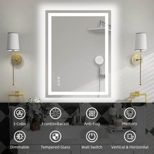 32x 24 LED Bathroom Mirror with Lights, Dimmable, Double Lights, Backlit   Front Lit, 3 Colors Led Mirror for Bathroom, Lighted Bathroom Vanity Mirror, Tempered Glass(Horizontal/Vertical)