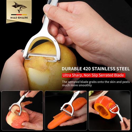 MAD SHARK Ultra Sharp Vegetable Peelers for Kitchen 10 Years No Rust Stainless Steel Serrated Potato Peeler Easy to Use Y Peeler with Durable Non-Slip Ergonomic Grips for Carrots, Fruits, Veggie