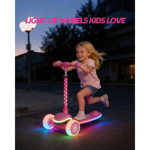 Kids Scooter for Toddlers Ages 2-5, 3 Wheel Scooter with Lean-to-Steer, Adjustable Handlebar, Anti-Slip Deck, Light-Up Wheels, Foldable First Scooter for Boys and Girls