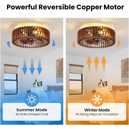 20'' Flush Mount Caged Ceiling Fan with Light, Wooden Low Profile Ceiling Fan with Light and Remote, 6 Speed and Reversible, Farmhouse Bladeless Fan Lights for Bedroom, Kitchen