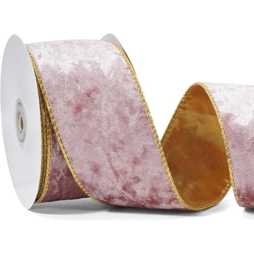 Pink Wired Velvet Ribbon, Christmas Ribbon Wired, 2.5 inch × 10 Yards Wide Pink and Gold Ribbons for Christmas Tree Topper Bow Ornaments, Gift Wrapping, Wreaths Garland Crafts, Home Decor