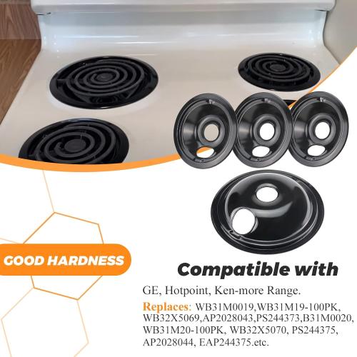 WB31M19 WB31M20 Porcelain Drip Pans by Blutoget - Compatible for GE Hotpoint Range Cooktop -Includes 3 6-Inch and 1 8-Inch Pans -4 Pack (Black Porcelain)- Stove Drip Pans for 3 Small Burners & 1 Large