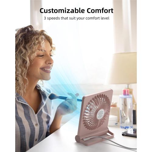 Koonie USB Fan, Strong Wind Ultra Quiet Small Desk Fan 220° Tilt Folding 3 Speeds Adjustable USB-C Powered Personal Fan for Home Office Desktop, Pink, NO BATTERY