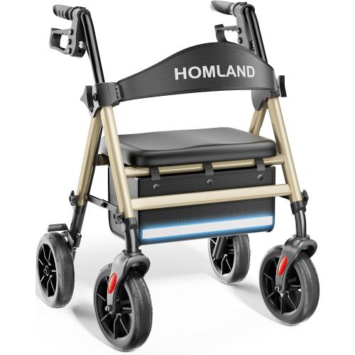 HOMLAND Foldable Walker for Seniors with Seat, 17lb Lightweight, Ergonomic | 350lb Capacity, 8 All-Terrain Wheels, Adjustable Height, Easy to Assemble, Lightweight Aluminum Frame, Champagne