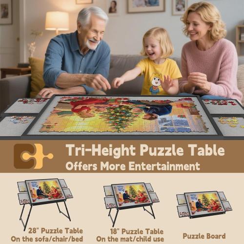 Puzzle Table 1500 Pieces, 3-in-1 Foldable Jigsaw Puzzle Table with Cover – 18” & 28” Height, 5 Angle Tilt, Metal Frame, Portable Puzzle Tables Drawers and Legs for All Ages