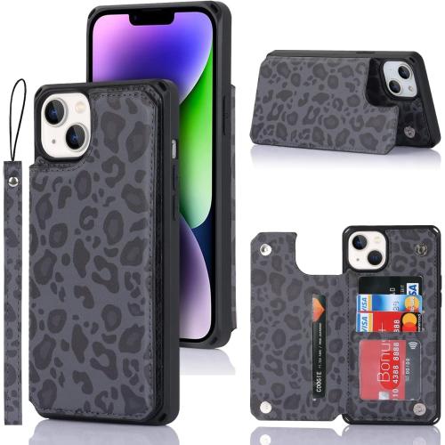 Color Black Cover for iPhone 13 Case with Card Holder, for iPhone 13 Wallet Case for Women Men, Stand and Strap,Leopard Grain Shockproof Protective Phone Cover-Black
