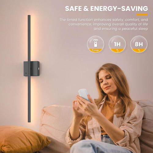 NIORSUN 28 Inch Battery Operated Wall Sconce Set of 2, 360° Rotation Black Rechargeable Wall Lights with Detachable Tube and Remote, 3CCT Dimmable Wall Lamp for Living Room Bedroom Hallway