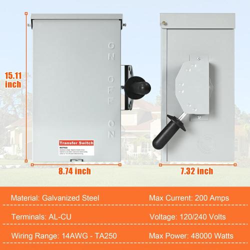 200 Amp Generator Transfer Switch, 120/240V 48000W Manual Transfer Switch for Home Generator, with Neutral Terminal, for Outdoor and Indoor, Multiple Security Protections (200A-2P)