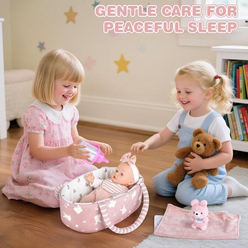 Dreamon 12'' Baby Doll Playset with Carrier Bassinet Bed, 11PCS Baby Doll Accessories Includes Pacifier, Blanket, Pillow, Diaper, Pretend Play Set Baby Doll Care Toys Gifts for Kids Girls