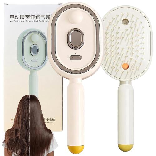 Electric Spray Air Cushion Massage Comb,Upgraded 5 in 1 Rechargeable Air Cushion Hair Brush, Retractable Self-Cleaning Steam Brush for Frizzy Hair & Scalp Care, Anti-Static & Detangling (Beige)