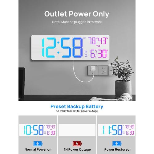 18.5 Large Digital Wall Clock, Big LED Display Clocks with Remote Control, Digital Clock with Night Light, Alarm, Countdown, DST, Temperature for Living Room Bedroom Office, Gift for Seniors (White)