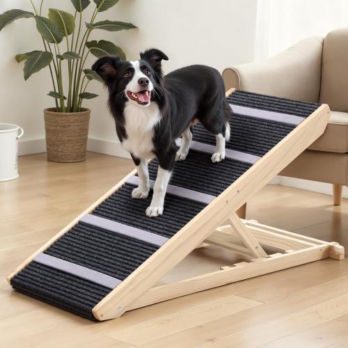 Dog Ramp for Bed, Wooden Dog Ramp for Couch with 4 Adjustable Heights, Anti-Slip Carpet & Wider Walkway, Foldable Pet Ramp for Sofa, Bed, Car, Supports Up to 200 Lbs