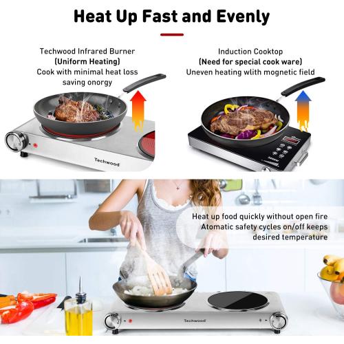Hot Plate, Techwood 1800W Dual Electric Stoves, Countertop Stove Double Burner for Cooking, Infrared Ceramic Hot Plates Double Cooktop, Silver, Brushed Stainless Steel Easy to Clean Upgraded Version