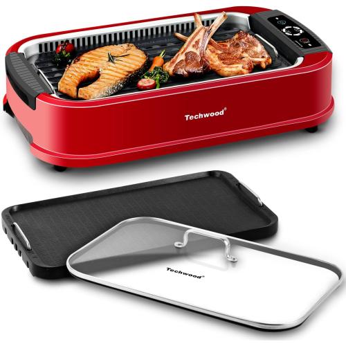 Indoor Smokeless Grill, Techwood 1500W Electric BBQ Grill with Temperature Control, Korean Grill Removable Non-Stick Grill & Griddle Plates, Tempered Glass Lid, Red‼️missing handle on the lid‼️