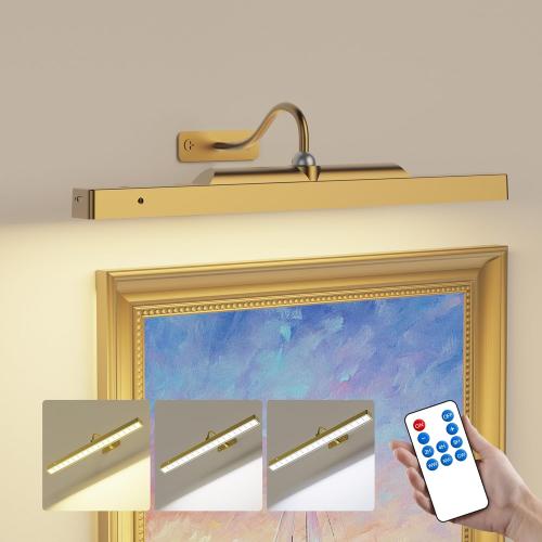 Wireless Picture Light Battery Operated, 1Pack Remote Control Painting Light with Timer, 13Hrs Service Life Art Display Light for Picture Frame Artworking Portrait, Poster, Photo, Mirror -Brass