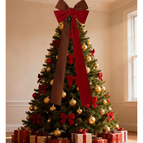 2Pcs Large Christmas Velvet Burgundy Bows13'' x 45''Christmas Front Door Bows with Long Tail Ribbon Xmas Tree Topper Holiday Wreaths Decor Stair Garland for Mantel Fireplace Porch