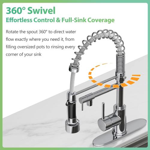 Dual Spout Kitchen Faucet with Pull Down Sprayer, Chrome Stainless Steel Commercial Sink Faucet, Single Handle, 1 or 3 Hole Install, for Farmhouse RV Laundry Utility Wet Bar