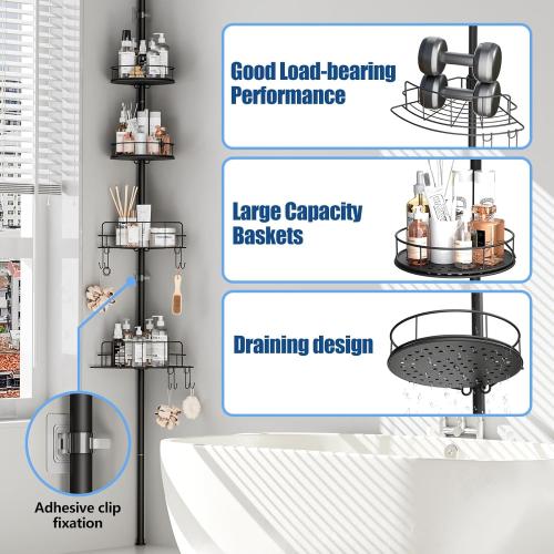 HOUSE AGAIN Corner Shower Caddy Tension Pole with Rotatable Shelves, 4 Ties Adjustable Shelves and 2 Hooks for Bathroom, Rustproof Shower Organizer and Storage, Pole Fit 43-114 Inch Height