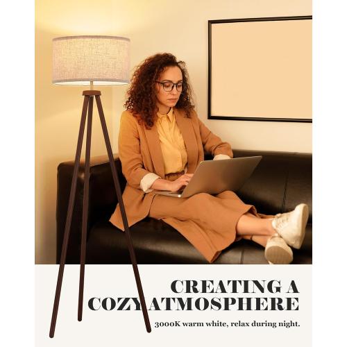 ELYONA Wood Tripod Floor Lamp Brushed Brass Metal & 3 Color Temperatures LED Bulb Vintage Wooded Standing Lamp Industrial Tall Light for Living Room Bedroom Office Beige Linen Shade Dark Brown & Gold