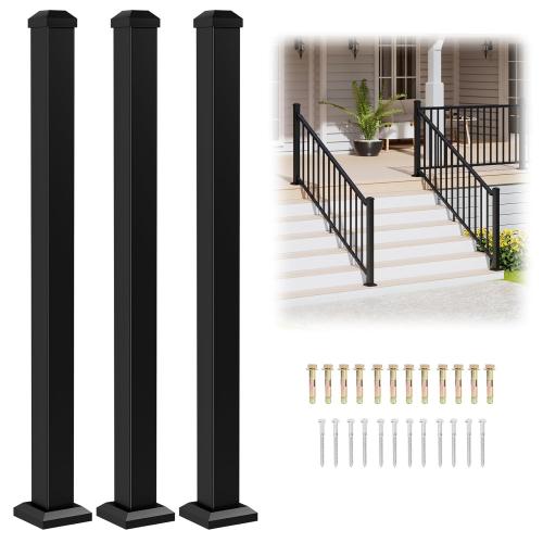 Egadis 3 Pack 2.56 in. x 2.56 in. x 39 in. Aluminum Deck Railing Post with Screws, Black Textured Outdoor Powder-Coat Finish Stair Post for Decks, Porches & Balconies (3 x 39in Posts)
