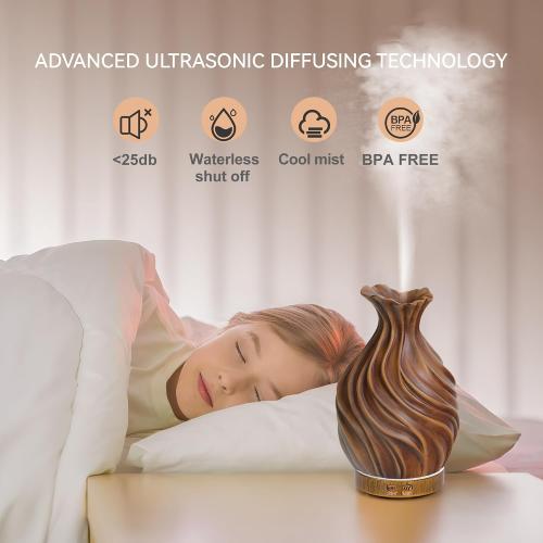 200ml Essential Oil Diffuser for Home, Wood Grain Cover Aromatherapy Diffuser, Cool Mist Humidifier with Safe Auto Shut-Off and 2 Mist Modes & 7 Color LED Night Lights for Office Room (VASE01)