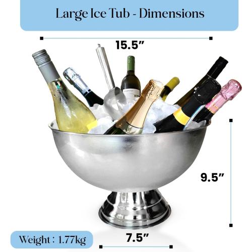 Premium 12L Large Ice Bucket for Parties – 16x16x10 Silver Stainless Steel Beverage Tub with Scoop – Insulated Ice Bucket for Cocktail Bar, Beers & Champagnes – 1.77kg Drink Bucket for Celebrations