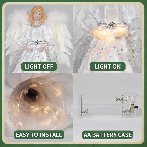 Angel Christmas Tree Topper, 12.6 White Angel Treetopper, 10-Light Angel Tree Topper with Wings, Indoor Christmas Decors, Xmas Home Ornaments (White)