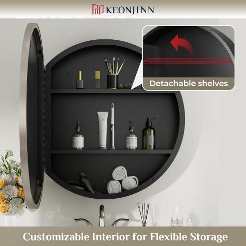 Keonjinn 20 Inch Round Medicine Cabinet with Mirror, Brushed Nickel Surface Mount Medicine Cabinet for Bathroom, Framed Circular Bathroom Cabinet Wall Mounted, Round Vanity Mirror with Storage