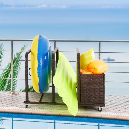 Poolside Float Storage Organizer, Outdoor Wicker Rattan Pool Float Holder Storage Rack for Basket Box Patio Pool Storage Caddy with Rolling Wheels for Pool Toy Noodles Equipment Accessroies (Brown)