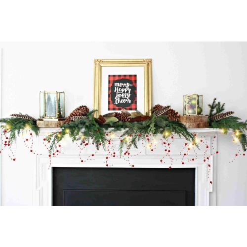 2Pack Christmas Berry Beaded Garland, 11FT/Pcs Christmas Garland with 30LED String Lights for Christmas Decorations, Fireplace Mantel Indoor Outdoor Christmas Decoration