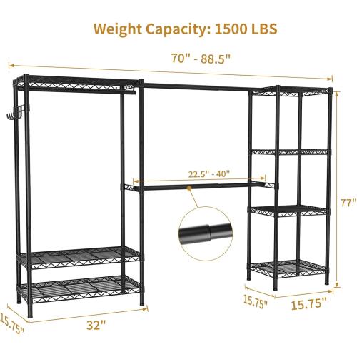 Golpart Heavy Duty Garment Rack Clothes Rack,Large Metal Closet Organizer System Storage Wardrobe,Freestanding Clothing Rack with 7 Adjustable Wire Shelves&3 Hang Rods,MaxLoad 1500lbs