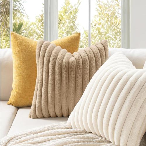 MIULEE Faux Fur Decorative Throw Pillow Covers 18x18 Inch Set of 2, Modern Spring Home Decor Soft Plush Couch Pillows Cozy Fluffy Cushion Covers for Sofa Bed Beige