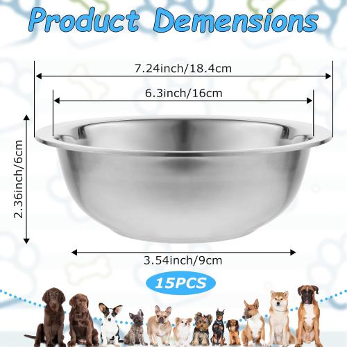 15PCS Metal Dog Bowls Bulk Stainless Steel 1.5-2 Cups of Dry Food Thickened Dog Bowl Travel Kennel Food and Water Dish, Pet Bowls Replacement for Medium Size Dogs Cats, Dishwasher Safe
