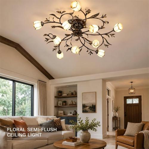 39.5 Inch 10-Lights Branch Shaped Creative Retro Style Flower Vine Ceiling Light Fixtures for Living Room, Bedroom, Kitchen, Study Room