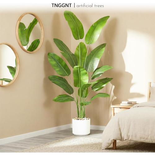 Artificial Bird of Paradise Plant：7FT Tall Fake Traveler’s Palm Tree | Faux Banana Tree Elephant Ear Leaf Silk Floor Plant in White Pot for Home Decor Indoor Office Entryway Balcony Patio café