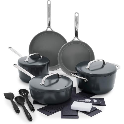 GreenPan GP5 Hard Anodized Healthy Ceramic Nonstick 14 Piece Cookware Pots and Pans Set,Heavy Gauge Scratch Resistant,Stay-Flat Surface, Induction, Mirror Finish Handle,Oven Safe,PFAS-Free,Slate