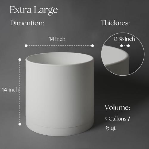 Giraffe Creation 14-Inch Round Cylinder Plant Pot, Modern Indoor/Outdoor Planter with Drainage Hole, Saucer & Water Reservoir, White