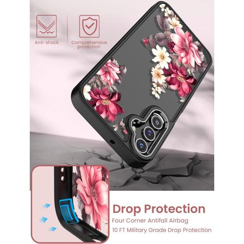 for Samsung Galaxy A25 5G Case Tempered Glass Screen Protector,Military Grade Protective Slim Soft TPU & Hard PC,Girls Women Crystal Clear Flower Pattern Case Cover for A25 5G-Black