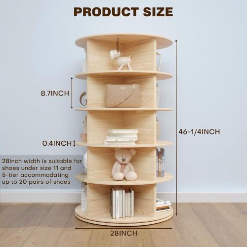 Rotating Shoe Rack Tower, 5-Tier 28 Wide Solid Pine Wood Spinning Shoe Display 360° Lazy Susan Shoe Rack, Revolving Shoe Stand, Shoe Rotating Organizer for Closet Shoes and Handbags