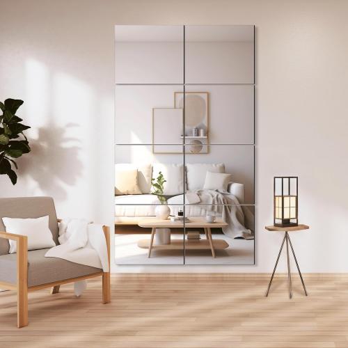 Delma Frameless Mirror Tiles 14x12x8 Pcs Wall Mounted, Shatter Resistant Full Length Tempered Glass Panels for Home Gym Bathroom Bedroom & Living Room Decor