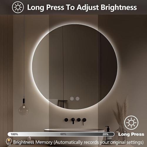 Niccy Round Led Mirror for Bathroom, 30 Circle Frameless Backlit Mirror wiht Light, Anti-Fog, 3 Colors, Waterproof, Memory Function