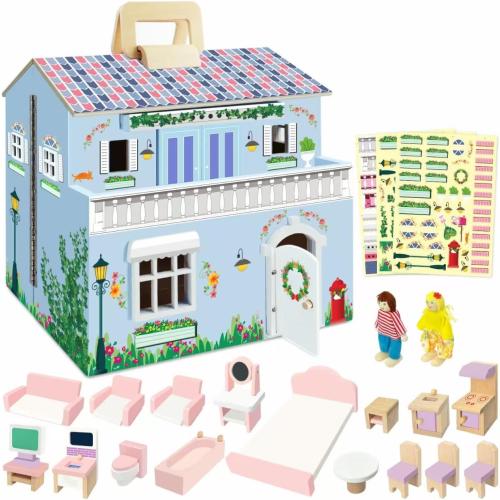 DIY Wooden Dollhouse with 3 Sticker Sheets – Create 2 Styles (White & Pink), Foldable Design with Portable Handle & Metal Lock, 4 Rooms, 16 pcs Furniture, 2 Dolls, Gift for Kids Ages 3