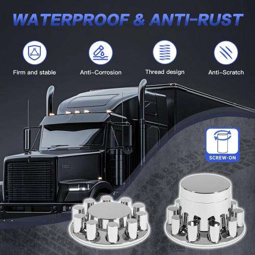 32/33mm Semi Truck Lug Nut Covers Wheel Covers Kit with 2 Front & 4 Rear, ABS Chrome Plastic Srcew-On Lug Nut Covers with Installation Tool, Flat Top Removable Hub Caps Kit for Semi Truck Trailer